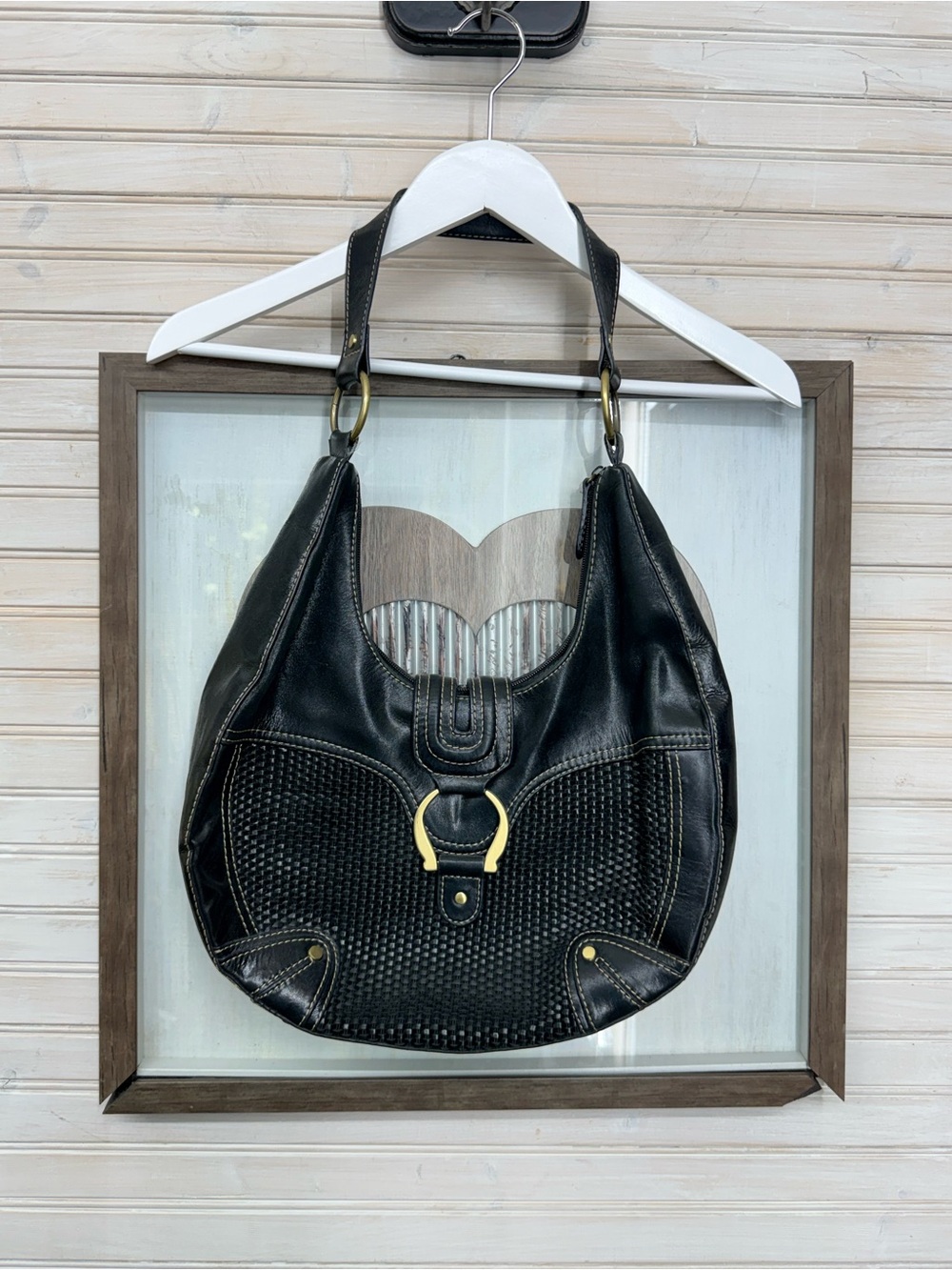 Kate Landry Black Woven Leather Hobo Shoulder Bag with Brass Hardware